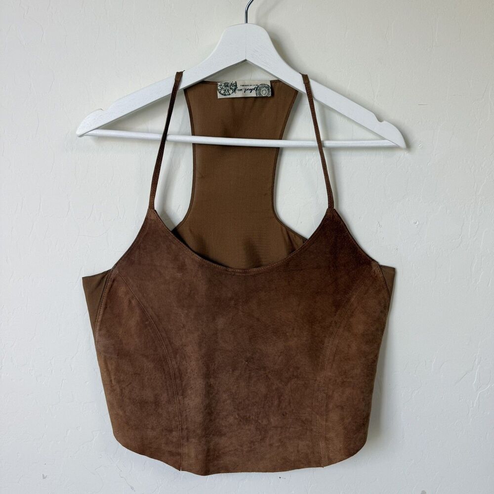 Free People Sz Small Suede Camel Silk Racerback Crop Top Boho Western Festival